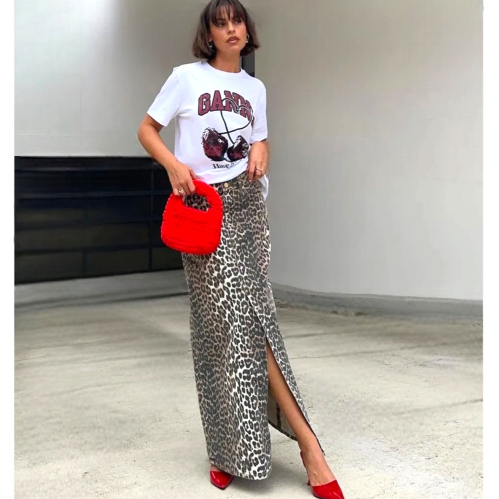 COMMENSE Leopard High-Waist Straight Maxi Denim Skirt w. Slits - Size XS